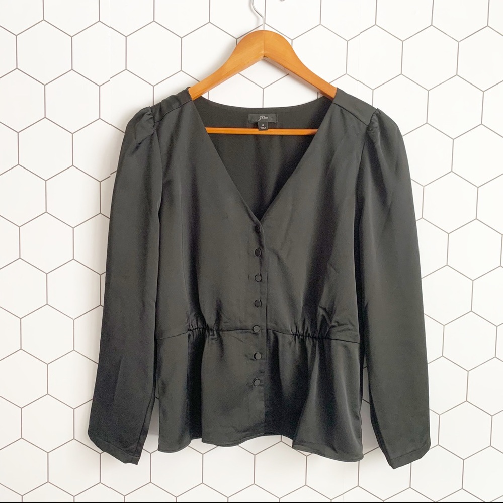 J Crew Long Sleeve peplum satin blouse BLACK